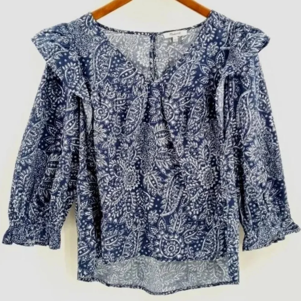 Madewell‎ Blue Paisley Garden Print Ruffle Shoulder Top